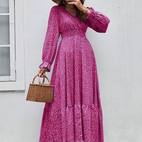 Pink Boho Womens Ditsy Floral Print Flounce Sleeve Shirred Dress - Picture 4 of 5